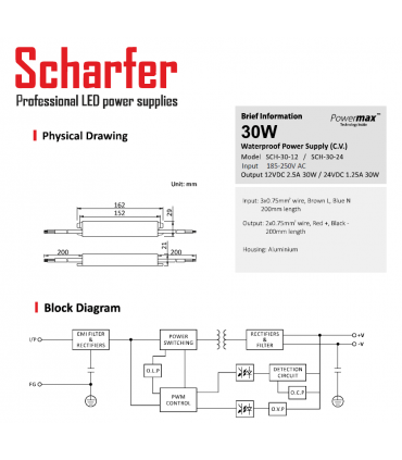 Scharfer SCH-30-24 - Alimentatore Trasformatore LED Power Supply IP67 24V  30W