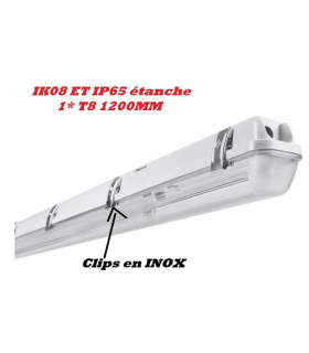 Réglette pour tube fluo 36w 1*T8 IK08 IP65 étanche clips en INOX 1200mm